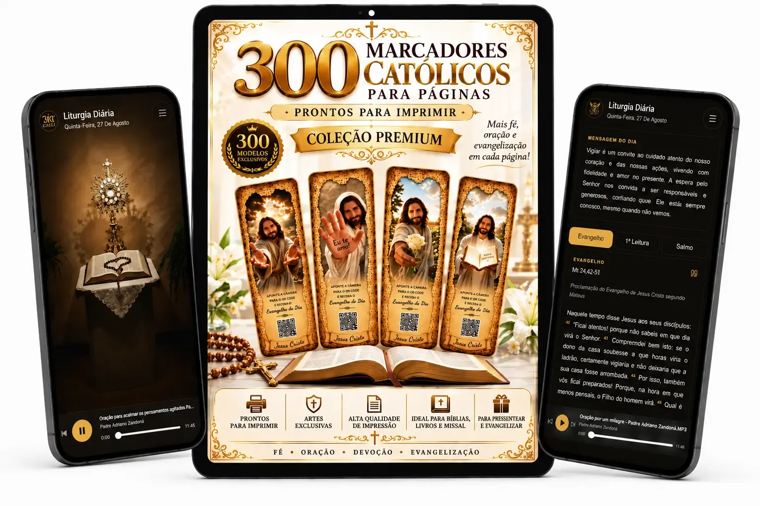 Mockup dos 300 marcadores católicos em tablet e celulares